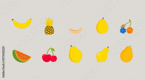 Illustration of various fruits including banana pineapple watermelon and several types of pears and berries created with generated ai