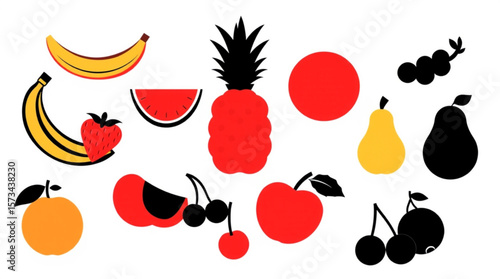Illustration of various fruits including bananas, strawberry, watermelon, pineapple, orange and pears created with generated ai