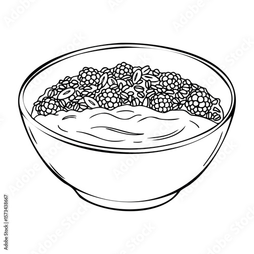 Bowl of oatmeal with berries and nuts in line art style. Vector hand-drawn doodle illustration