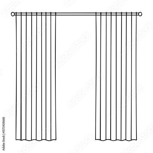 Elegant pair of long curtains hanging on simple rod. Vector hand-drawn doodle illustration