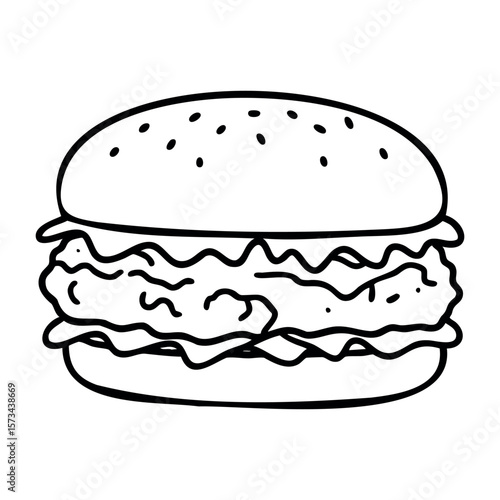 Simple line drawing of a crispy chicken burger with lettuce and cheese. Vector hand-drawn doodle illustration