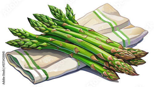 Fresh organic asparagus spears with delicate tips lie across a linen napkin, their slender green stalks and natural gloss perfect for illustrating elegant, seasonal cooking with a touch of rustic 