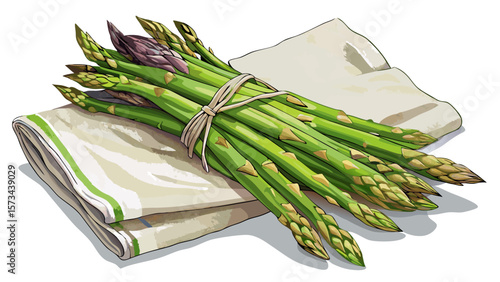 Fresh organic asparagus spears with delicate tips lie across a linen napkin, their slender green stalks and natural gloss perfect for illustrating elegant, seasonal cooking with a touch of rustic 