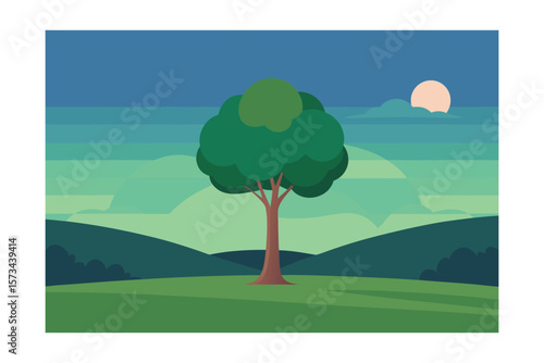 Tranquil Landscape With A Single Tree In A Green Field