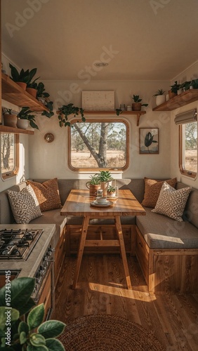 Wallpaper Mural Interior of a camper van with a wooden table, seating area, and plants on shelves near the windows Torontodigital.ca