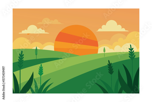 Sunset Haze Over Farmland With Green Crops And Windbreaks