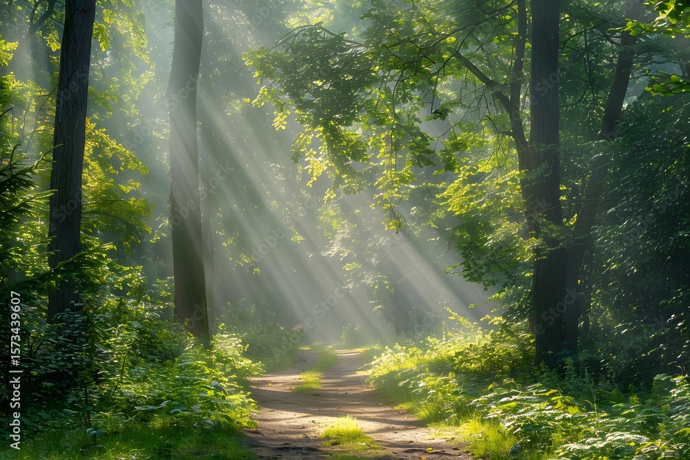 Fototapeta premium Sunlit Forest Path in Summer with Lush Greenery