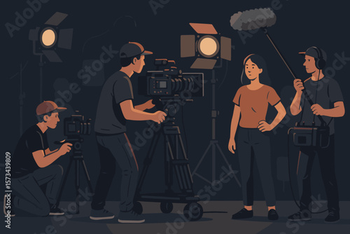 Behind the scenes of filmmaking. Film crew shooting a movie with an actress on set. Cameraman, sound boom operator, and director working in a professional video studio.