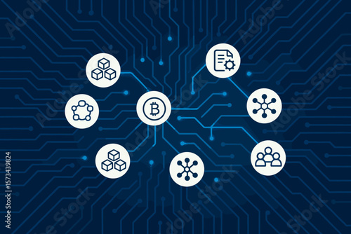 Blockchain technology vector concept. Cryptocurrency, bitcoin network diagram. Decentralized p2p connection on motherboard background. Fintech innovation. Digital money, smart contract.
