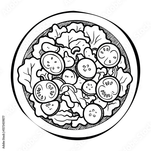 Line art salad with tomatoes and cucumbers in a bowl. Vector hand-drawn doodle illustration