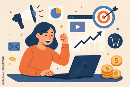 Digital marketing strategy success. Woman celebrates business growth. Financial profit from e-commerce, data analysis, and achieving sales target goals. Vector illustration.