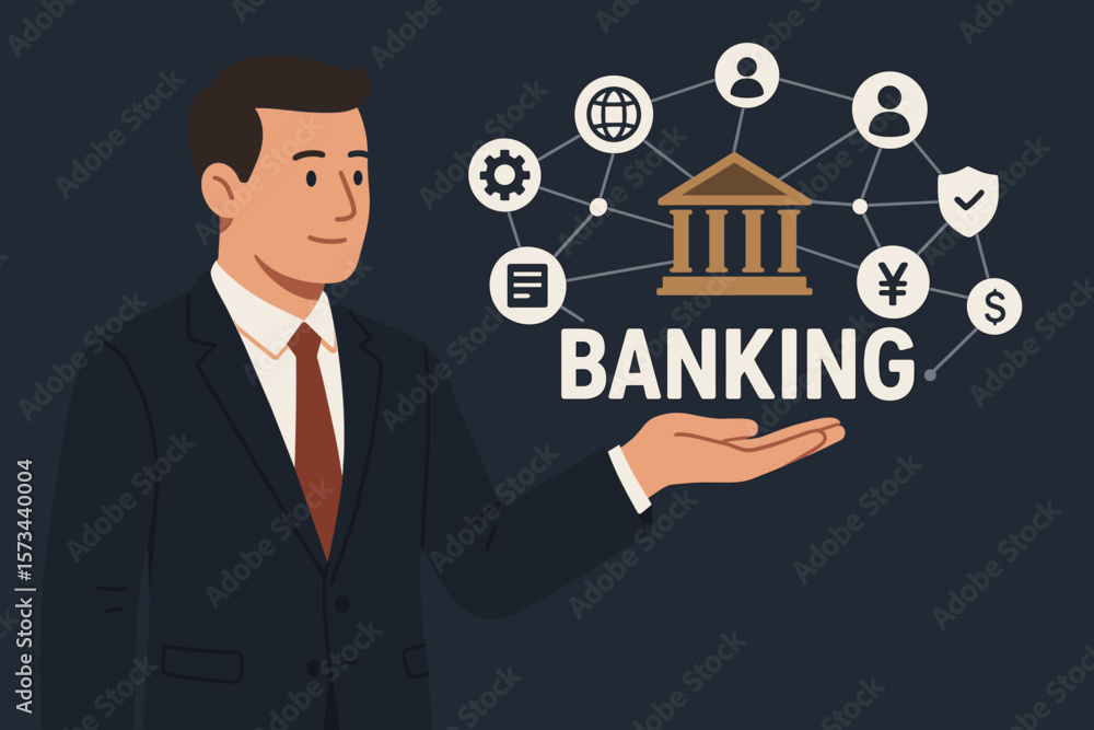Banking service fintech concept. Financial technology with businessman. Digital bank, online payment, global network, investment, security. Modern flat vector cartoon illustration. Banking service fintech concept. Financial technology with businessman. Digital bank, online payment, global network, investment, security. Modern flat vector cartoon illustration.