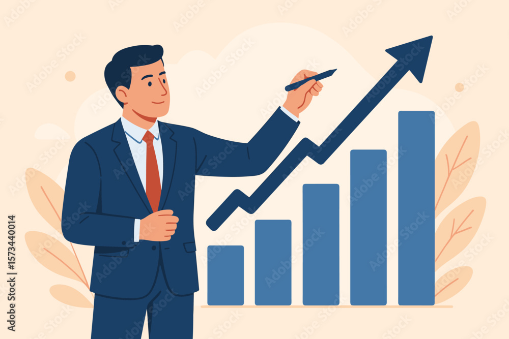Businessman with a growth chart. Corporate development and business success concept. Man drawing an increasing arrow. Financial planning, investment strategy, economic profit. Businessman with a growth chart. Corporate development and business success concept. Man drawing an increasing arrow. Financial planning, investment strategy, economic profit.