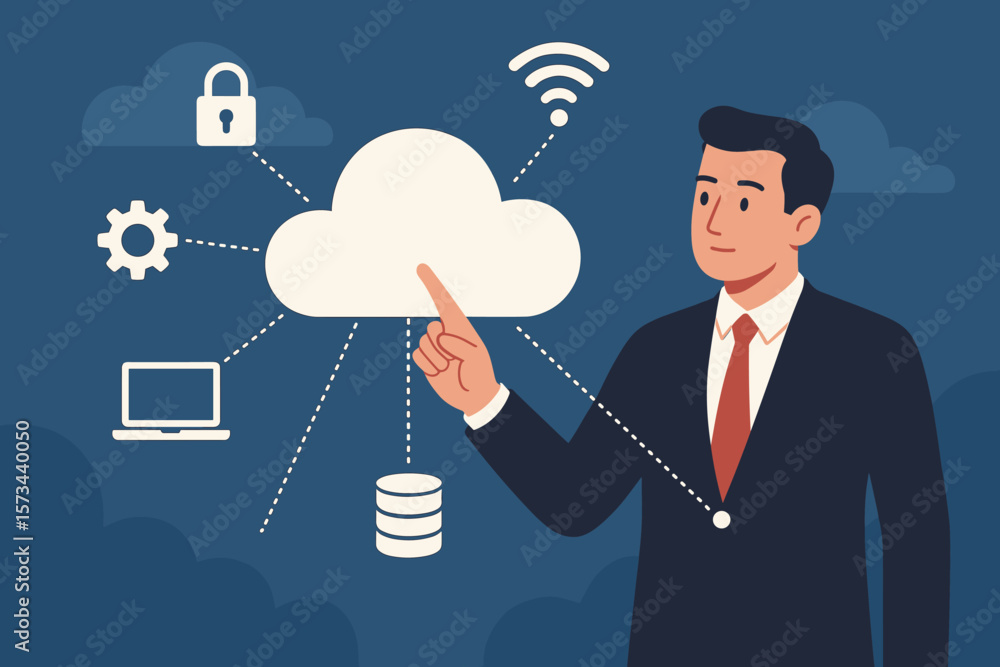 Businessman touching cloud computing network. Data information technology and connectivity. Cloud services and network security concept. Modern flat vector illustration. Businessman touching cloud computing network. Data information technology and connectivity. Cloud services and network security concept. Modern flat vector illustration.