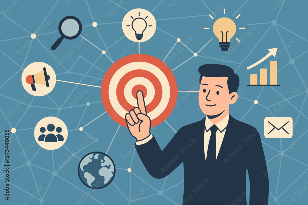 Businessman touching target with digital marketing icons. Strategy for business growth, SEO, advertising, market research, analytics, global connection. Goal achievement concept. Businessman touching target with digital marketing icons. Strategy for business growth, SEO, advertising, market research, analytics, global connection. Goal achievement concept.