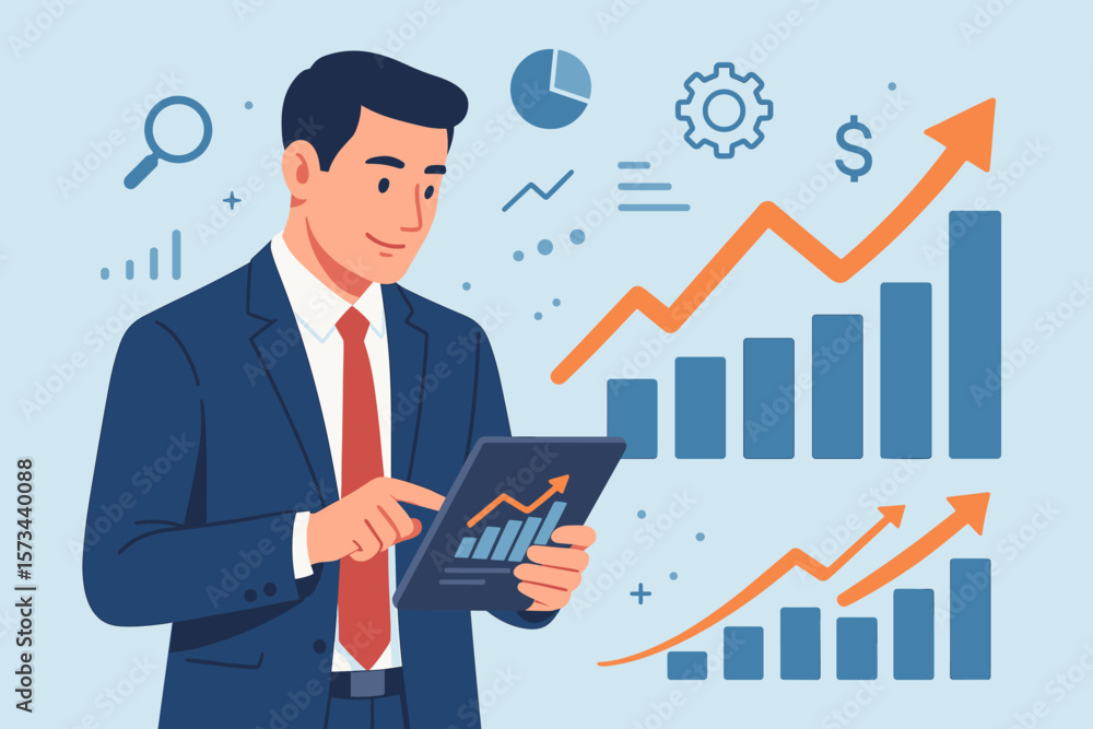 Businessman analyzing sales data on a tablet with economic growth graph chart. Business strategy, stock market investment, and digital marketing for financial success. Businessman analyzing sales data on a tablet with economic growth graph chart. Business strategy, stock market investment, and digital marketing for financial success.