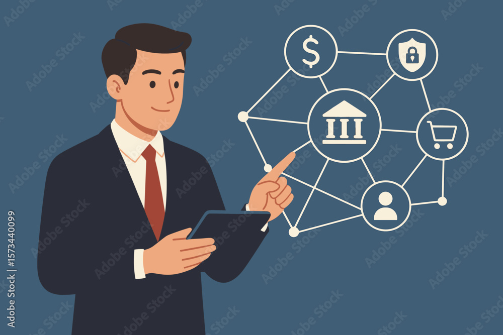 Businessman using tablet for digital banking network. Finance technology, online banking, secure payment, e-commerce, customer connection, fintech, financial data integration Businessman using tablet for digital banking network. Finance technology, online banking, secure payment, e-commerce, customer connection, fintech, financial data integration