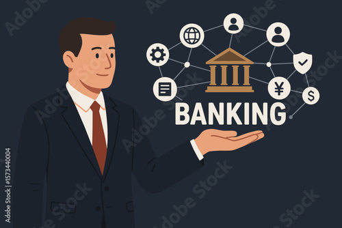 Banking service fintech concept. Financial technology with businessman. Digital bank, online payment, global network, investment, security. Modern flat vector cartoon illustration.