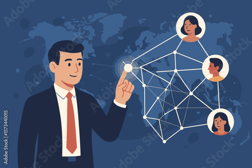 Businessman touching a connected global network structure. Concept for data exchange, customer connection, social media marketing. Technology, communication, and global business.
