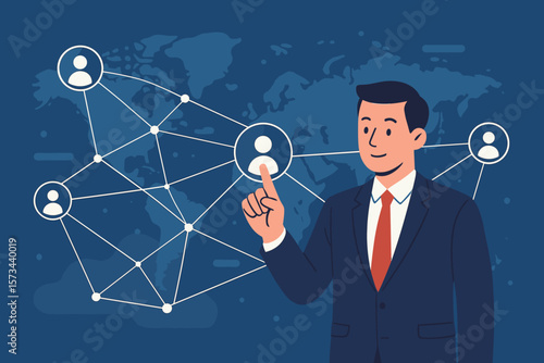 Businessman touching screen with a global network structure. Concept of worldwide data exchange, customer connection, social networking, and digital marketing technology.