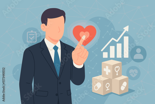 Businessman analyzing healthcare data for business growth. Medical service, insurance, and technology concept. Doctor using network for cardiology diagnostics and patient care.