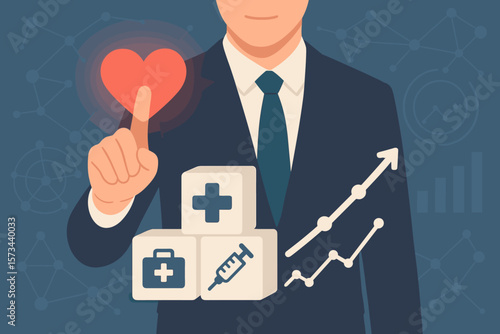 Healthcare business growth and medical service concept. Businessman touching heart icon. Health insurance analysis, investment, and strategy with graph chart and network data.