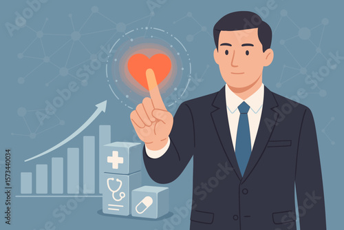 Businessman touching heart. Healthcare business growth graph, medical icons. Concept of service mind, medical examination, data analysis, and health insurance investment plan.