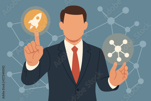 Businessman launching a new startup project. Entrepreneur touching a virtual interface. Rocket icon for new business launch. Network connection for growth and innovation.