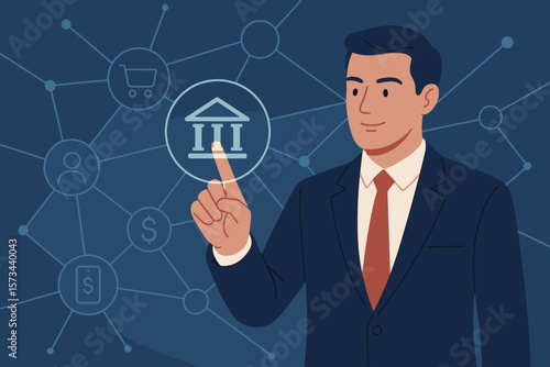 Businessman touching banking icon on network connection. Digital marketing, finance and banking networking concept. Fintech, online shopping, customer network and payment.
