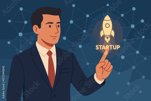 Businessman launching a startup project. Entrepreneur touching a rocket icon on a virtual screen. Concept of new business, innovation, technology, and success on a network.