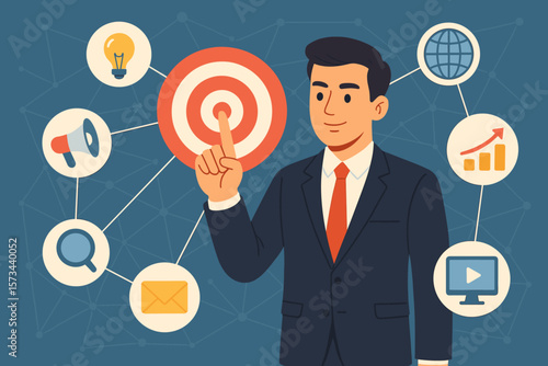 Digital marketing strategy concept. Businessman pointing at target goal. SEO, advertising, content, email marketing icons. Online business success. Flat vector illustration.
