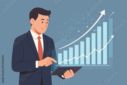 Businessman analyzing sales data on tablet. Financial report, economic growth chart. Business strategy, market analysis. Digital technology for investment and success concept.