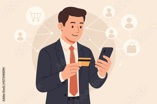 Businessman uses mobile payments for online shopping. Man holds credit card and phone. M-banking, customer network, omni channel concept. Modern flat vector finance cartoon.