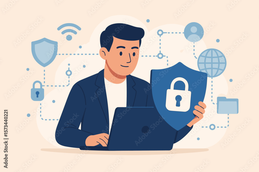 Businessman holding shield with lock icon, protecting data privacy on laptop. Cyber security, internet technology, network protection, personal information safety, secure online connection Businessman holding shield with lock icon, protecting data privacy on laptop. Cyber security, internet technology, network protection, personal information safety, secure online connection