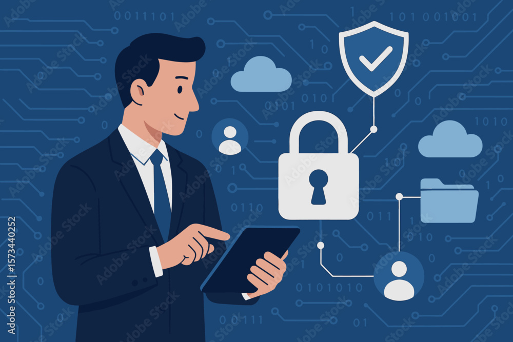Cybersecurity data protection concept. Businessman using tablet with digital padlock, shield, cloud storage icons. Network security encryption technology. Privacy protection in digital world. Cybersecurity data protection concept. Businessman using tablet with digital padlock, shield, cloud storage icons. Network security encryption technology. Privacy protection in digital world.
