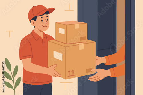 Courier delivering cardboard parcel boxes to customer at home door, contactless delivery, online shopping, shipping, logistics, express service, receiving package illustration