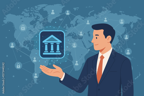 Digital banking network, businessman presenting online bank icon, global finance technology, fintech innovation, secure banking, digital marketing, customer connections, worldwide financial services