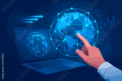 Global Network Connection, Big Data & IoT. Hand touching a digital earth globe on a laptop. Telecommunication, internet business & digital technology