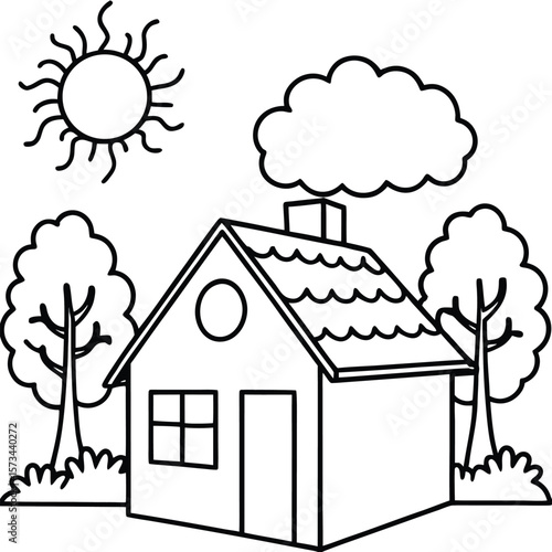 Rural hut with tree and other element kids coloring page