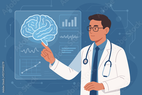 Neurologist Analyzing Brain Scan Results with Digital Interface, Medical Technology Innovation, Neuroscience Research, Doctor in White Coat, Data Visualization, Modern Vector Illustration