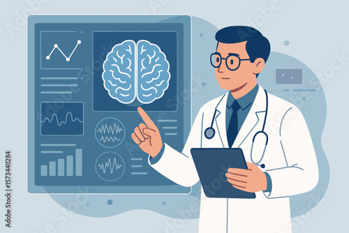 Neurologist Analyzing Brain Scan Results with Digital Interface, Medical Technology, Neuroscience, Healthcare Data, Modern Hospital, Doctor, Brainwave, Flat Vector Illustration