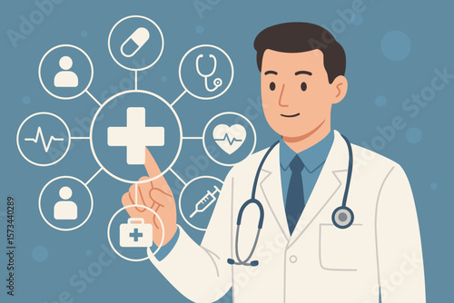 Medical Technology Network Concept, Doctor with Stethoscope Touching Virtual Healthcare Icons, Modern Flat Vector Illustration, Digital Health, Telemedicine, Medical Innovation