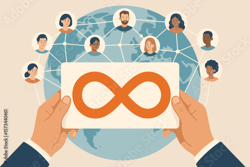 Global Network Connection, Infinity Symbol, Diverse People, Worldwide Community, Digital Communication, Collaboration, Inclusivity, Modern Vector Illustration