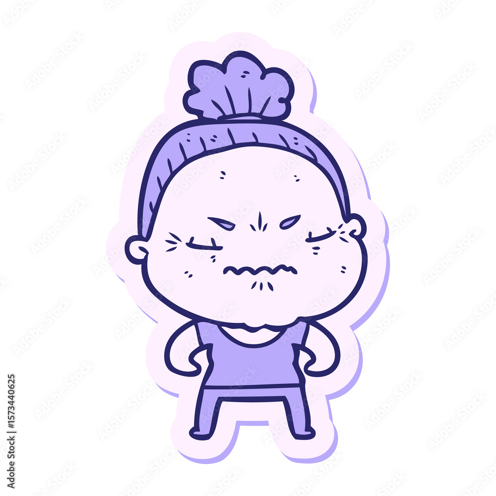 sticker of a cartoon annoyed old lady in bright neon color sticker of a cartoon annoyed old lady in bright neon color
