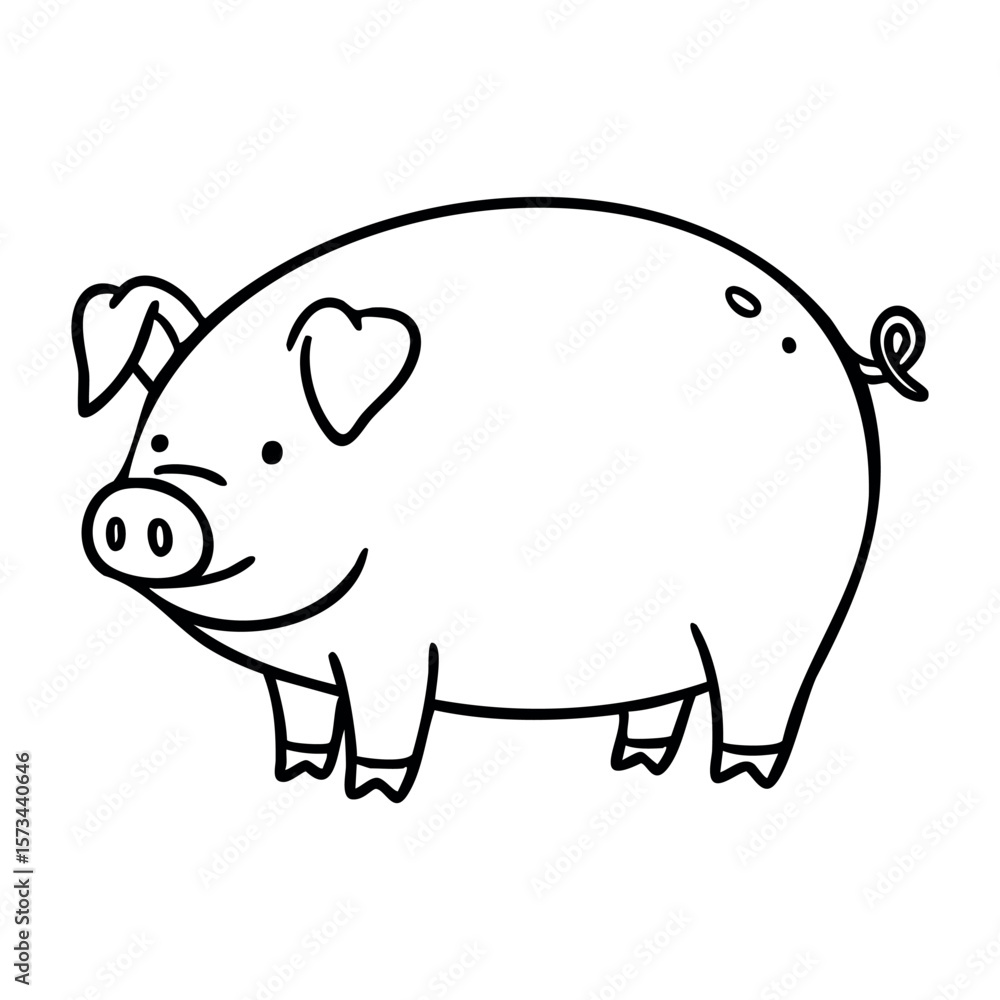 Cute cartoon pig illustration with smiling face and curly tail. Vector hand-drawn doodle illustration Cute cartoon pig illustration with smiling face and curly tail. Vector hand-drawn doodle illustration