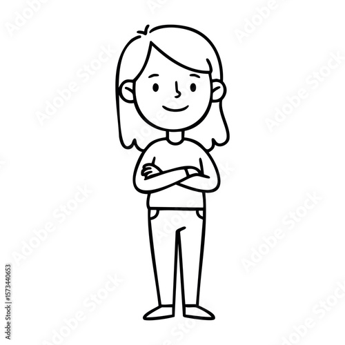 Smiling caucasian female child cartoon with folded arms. Vector hand-drawn doodle illustration