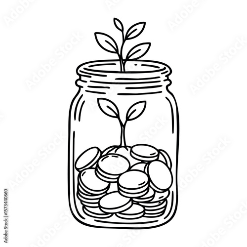 Plant growing from coins in a jar illustrating financial growth and investment. Vector hand-drawn doodle illustration