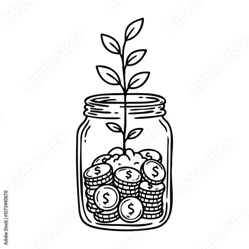 Growth in a jar: plant sprouting from coins symbolizing financial growth and environmental sustainability. Vector hand-drawn doodle illustration