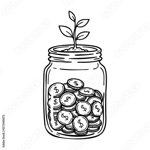 Jar of coins with plant sprout symbolizing growth and investment. Vector hand-drawn doodle illustration