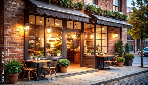Cozy cafe exterior at dusk